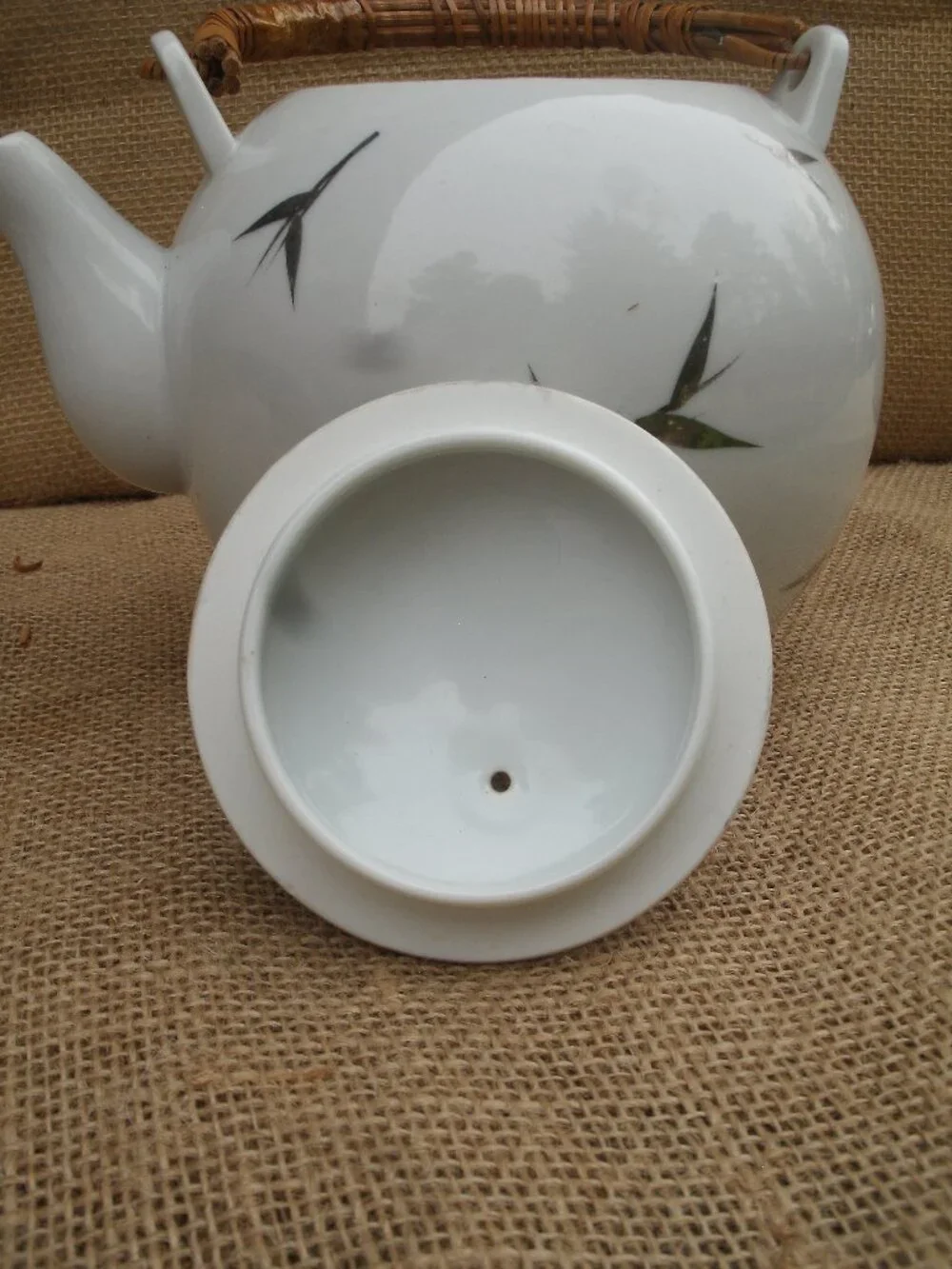 Vintage Otagiri Brushstroke Bamboo Teapot Rattan Handle